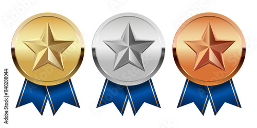 Golden silver and bronze award medal with blue ribbons and star for sport and games