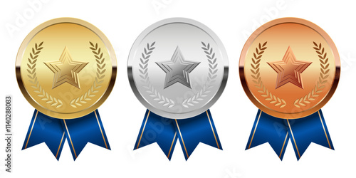 Golden silver and bronze award medal with blue ribbons and star for sport and games