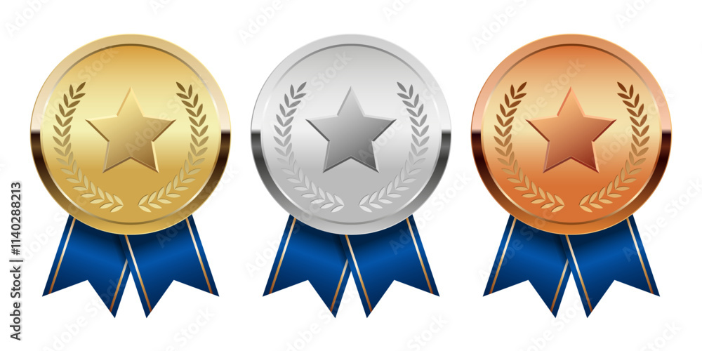 Golden silver and bronze award medal with blue ribbons and star for sport and games Golden silver and bronze award medal with blue ribbons and star for sport and games