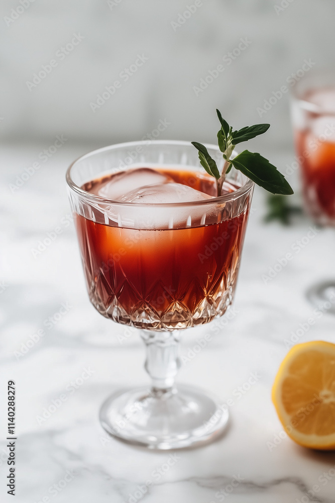 Natural Berry Red Juice in Crystal Glass on Marble Tabletop Natural Berry Red Juice in Crystal Glass on Marble Tabletop