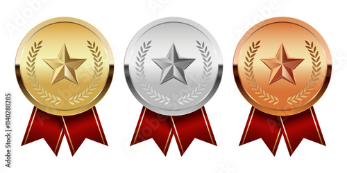 Golden silver and bronze award medal with red ribbons and star for sport and games