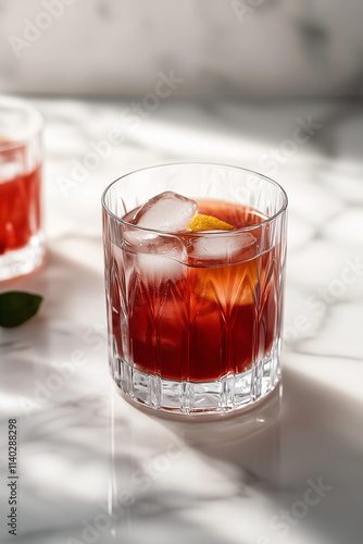 Natural Berry Red Juice in Crystal Glass on Marble Tabletop