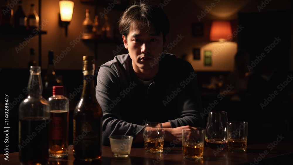 A man sitting in a dimly lit bar surrounded by whiskey glasses and bottles on a wooden table, emphasizing the somber theme of alcohol addiction and substance abuse in an intimate setting A man sitting in a dimly lit bar surrounded by whiskey glasses and bottles on a wooden table, emphasizing the somber theme of alcohol addiction and substance abuse in an intimate setting
