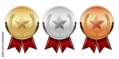 Golden silver and bronze award medal with red ribbons and star for sport and games