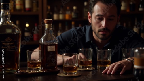 A man sitting in a dimly lit bar surrounded by whiskey glasses and bottles on a wooden table, emphasizing the somber theme of alcohol addiction and substance abuse in an intimate setting