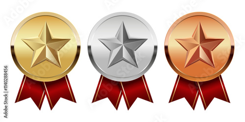 Golden silver and bronze award medal with red ribbons and star for sport and games