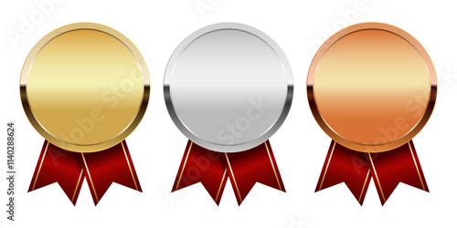 Golden silver and bronze award medal with red ribbons for sport and games