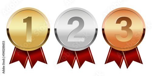 Golden silver and bronze award medal with red ribbons for sport and games