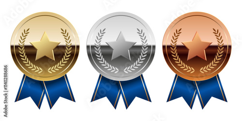 Golden silver and bronze glossy mirror medal with blue ribbons and star for sport and games