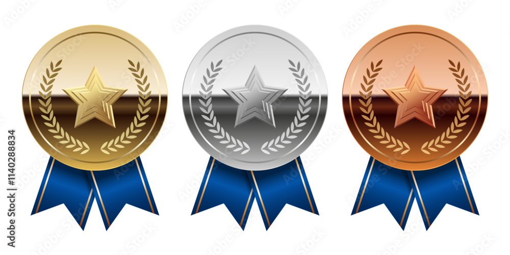 Golden silver and bronze glossy mirror medal with blue ribbons and star for sport and games Golden silver and bronze glossy mirror medal with blue ribbons and star for sport and games