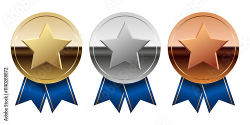 Golden silver and bronze glossy mirror medal with blue ribbons and star for sport and games