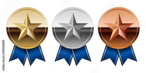 Golden silver and bronze glossy mirror medal with blue ribbons and star for sport and games