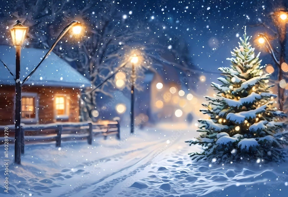 In a tranquil snowy night, soft bokeh Christmas lights adorn fir branches amid a picturesque landscape. Cozy homes are visible, radiating warmth and festivity in the winter wonderland. Generative AI In a tranquil snowy night, soft bokeh Christmas lights adorn fir branches amid a picturesque landscape. Cozy homes are visible, radiating warmth and festivity in the winter wonderland. Generative AI