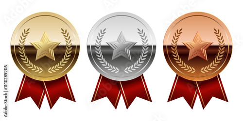 Golden silver and bronze glossy mirror medal with red ribbons and star for sport and games