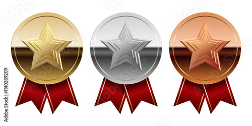 Golden silver and bronze glossy mirror medal with red ribbons and star for sport and games