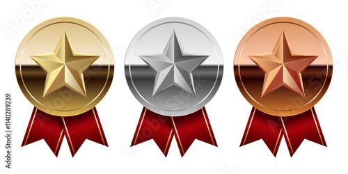 Golden silver and bronze glossy mirror medal with red ribbons and star for sport and games
