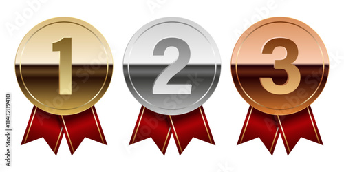 Golden silver and bronze glossy mirror medal with red ribbons for sport and games