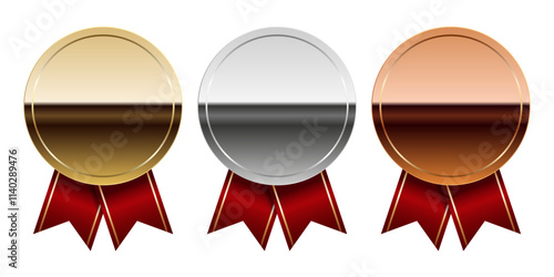 Golden silver and bronze glossy mirror medal with red ribbons for sport and games