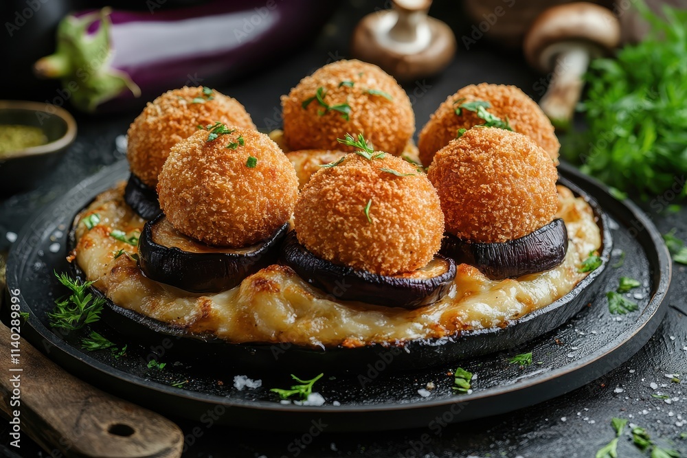Crispy cheese balls atop sautéed mushrooms and eggplant ready to enjoy Restaurant menu Crispy cheese balls atop sautéed mushrooms and eggplant ready to enjoy Restaurant menu
