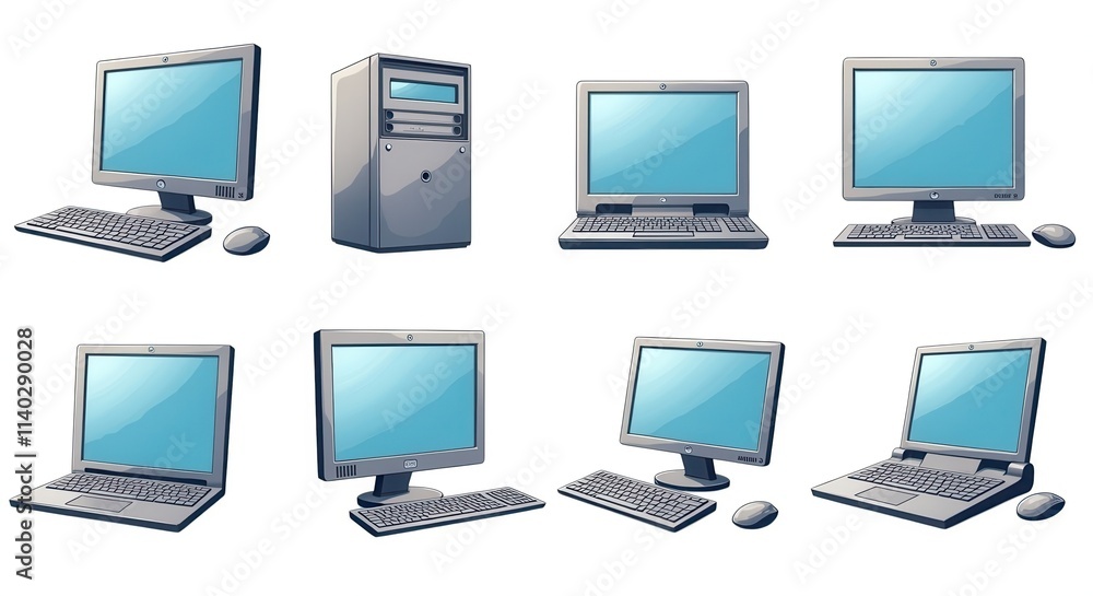 Set of Computer Equipment Illustration with Monitors, Keyboards, and Mouse for Technology and Business Use Set of Computer Equipment Illustration with Monitors, Keyboards, and Mouse for Technology and Business Use