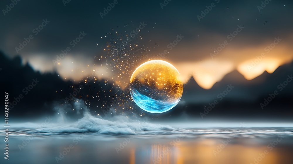 A tiny, transparent creature glowing with blue and gold, surrounded by swirling winds and magical sparkles, in a beautiful high fantasy world. Ultra-Realistic, Photo Realistic, highly detailed, A tiny, transparent creature glowing with blue and gold, surrounded by swirling winds and magical sparkles, in a beautiful high fantasy world. Ultra-Realistic, Photo Realistic, highly detailed,