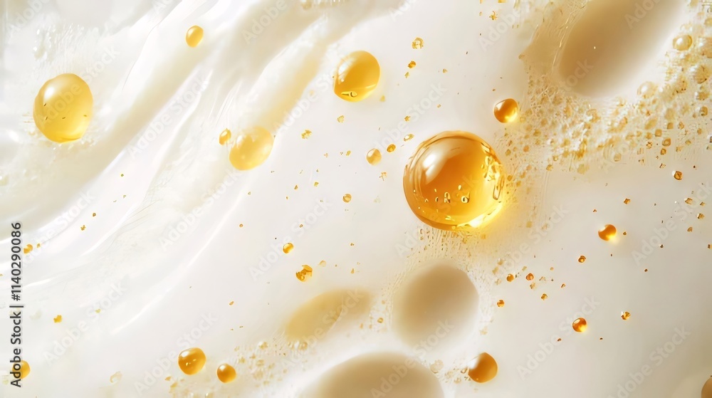 Close-up of golden oil drops in white foam. Close-up of golden oil drops in white foam.
