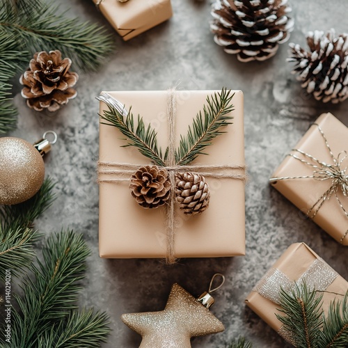 Tasteful Christmas gifts adorned with natural pine decorations. photo