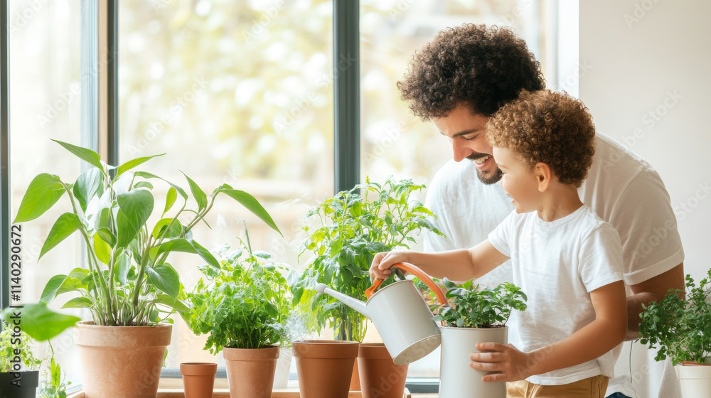 Caring for plants brings joy and connection between father and son as they water their indoor garden together. This nurturing moment highlights beauty of nature and family bonding Caring for plants brings joy and connection between father and son as they water their indoor garden together. This nurturing moment highlights beauty of nature and family bonding