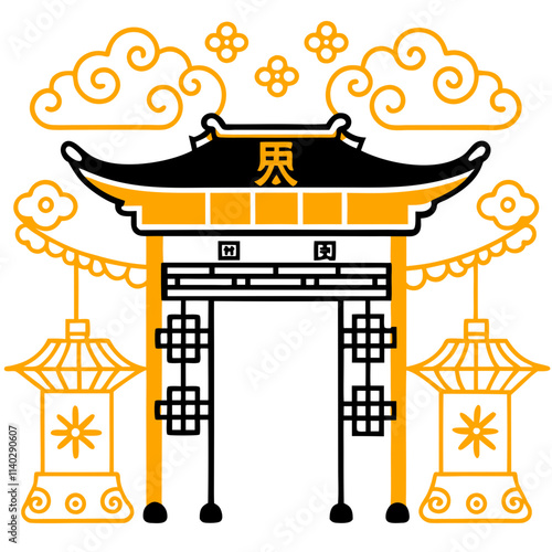 Traditional Chinese Gate Illustration with Gold and Black Decorative Design