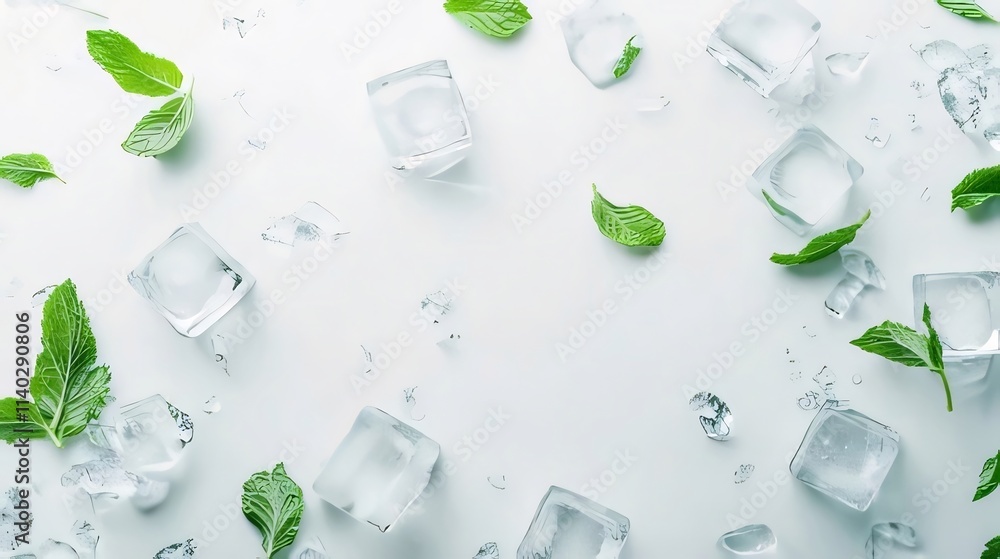 Ice cubes and mint leaves on white background. Ice cubes and mint leaves on white background.