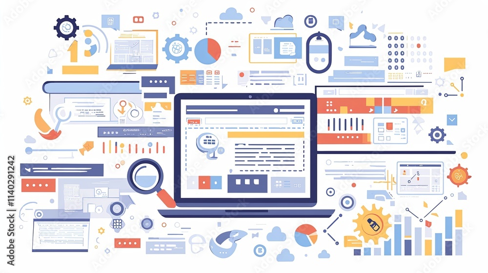 Digital Illustration of Data Visualization and Web Technology Elements Digital Illustration of Data Visualization and Web Technology Elements
