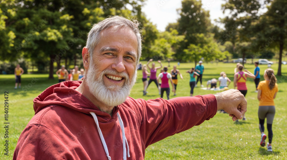 Naklejka premium Cheerful senior man with white beard leading outdoor fitness group in park, wearing red hoodie while demonstrating exercise moves on sunny summer day