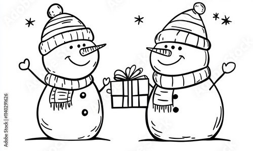 Two snowmen  Simple doodle line art style, clipart on a white background photo