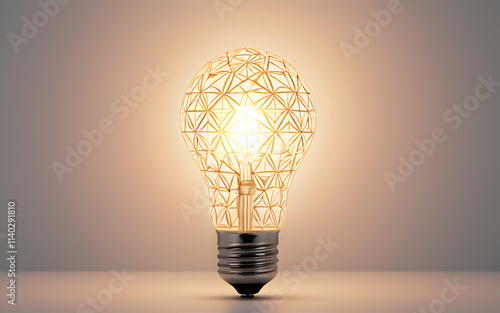 A light bulb, filled with glowing geometric patterns, set against a minimalist background photo