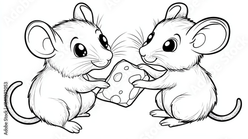 A cute cartoon mouse sharing a piece of cheese with another mouse, perfect for coloring. photo