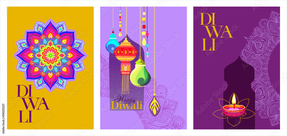 Fototapeta premium Happy Diwali!Festival of Lights.A set of ready-to-print posters of stylized Indian ornaments(mandalas),an oil lamp with a welcome text in bright festive colors.Fully editable digital illustration flat