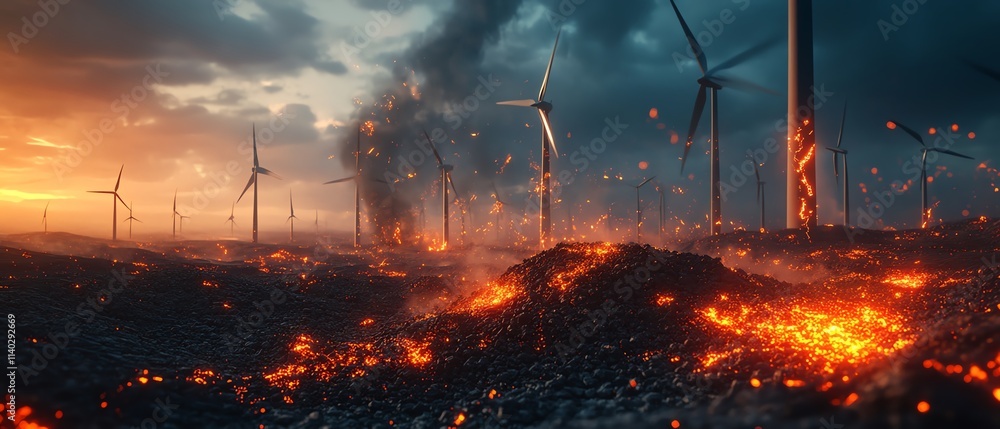 A surreal image of coal being crushed and transforming into wind turbine blades A surreal image of coal being crushed and transforming into wind turbine blades