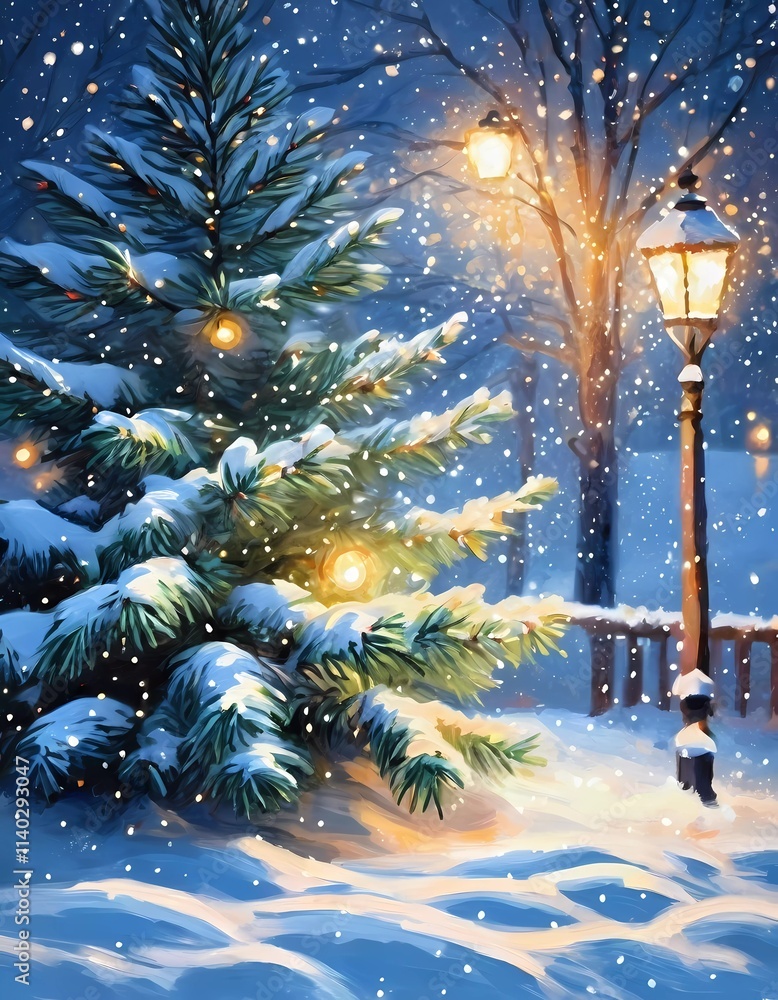 Obraz premium In a tranquil snowy night, soft bokeh Christmas lights adorn fir branches amid a picturesque landscape. Cozy homes are visible, radiating warmth and festivity in the winter wonderland. Generative AI