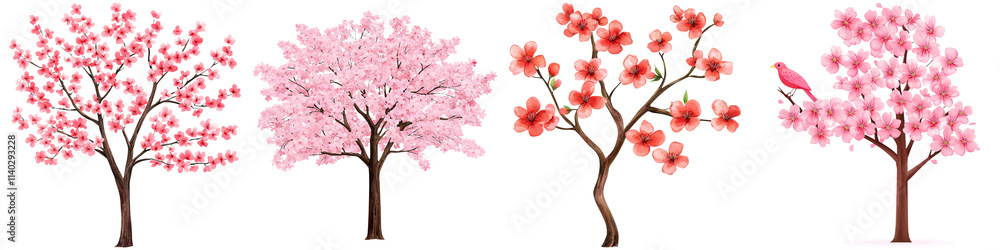 Fototapeta premium Chinese New Year tradition and harmony, A collection of four distinct cherry blossom trees showcasing various styles and colors of pink flowers.