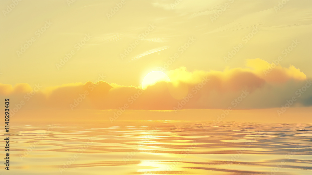Fototapeta premium A serene sunrise over a misty landscape captures the essence of early morning tranquility. With vintage design elements, this peaceful scene evokes a sense of calm and natural beauty.
