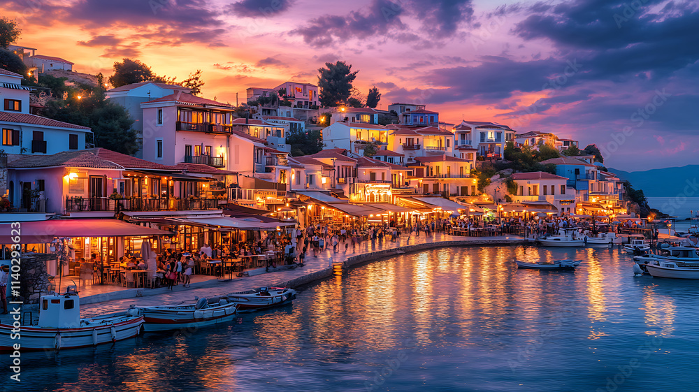 Obraz premium A lively Mediterranean coastal town at dusk, bright pastel-colored buildings, light shining from windows and restaurants, calm water lined with boats, orange and purple sky reflecting off the sea. 