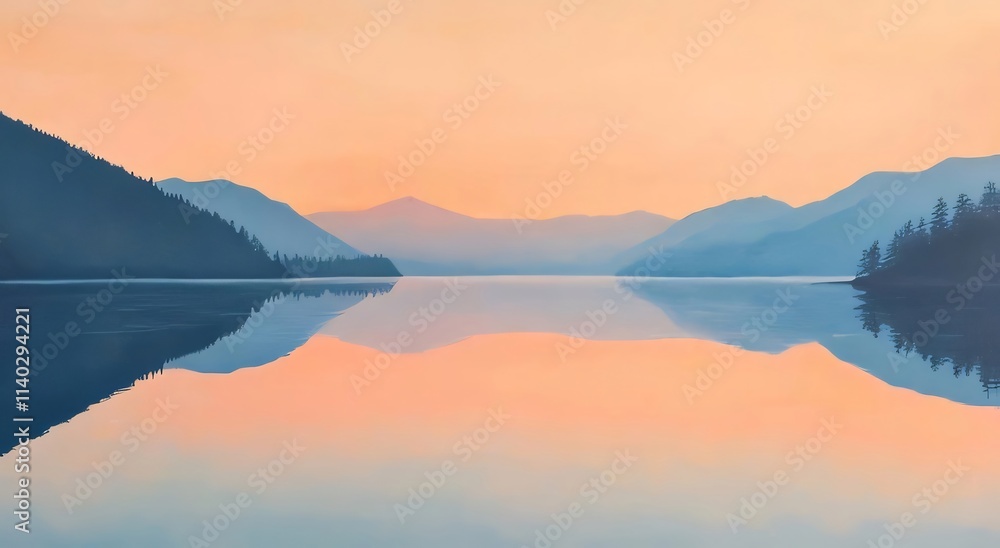 Serene sunset reflecting on calm lake water, surrounded by mountains. Serene sunset reflecting on calm lake water, surrounded by mountains.