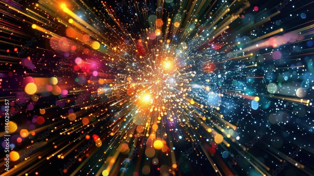 Fototapeta premium Abstract background showcasing colorful explosions of light and particles emanating from the center, symbolizing big data and information flow