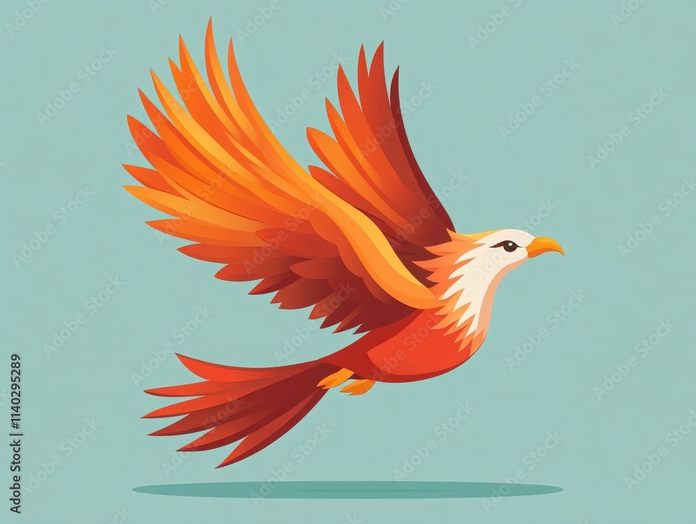 Obraz premium A vibrant illustration of a soaring bird, showcasing stunning orange and red feathers against a teal background.