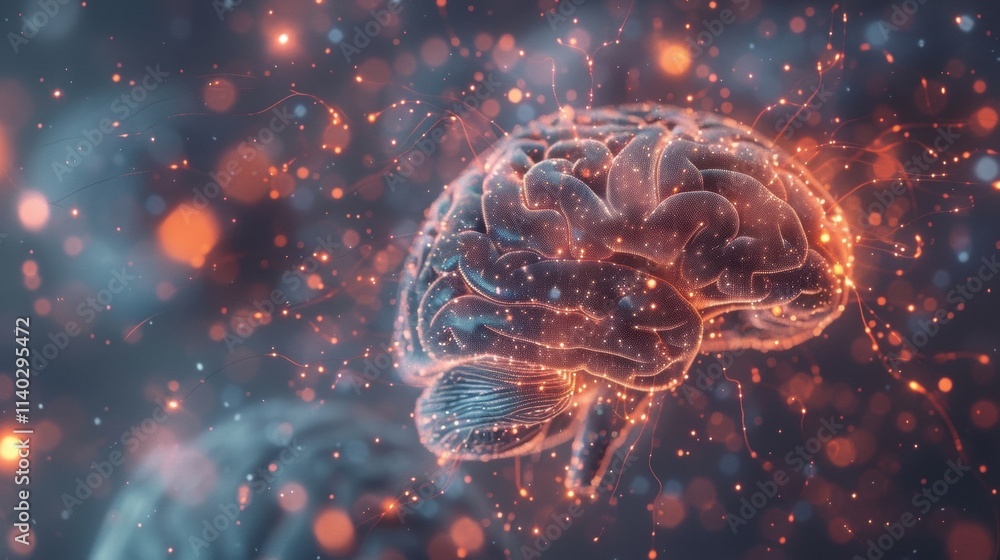 Glowing digital human brain generating vast amounts of data and creating artificial intelligence, set against a dark background enhanced by a captivating bokeh effect Glowing digital human brain generating vast amounts of data and creating artificial intelligence, set against a dark background enhanced by a captivating bokeh effect