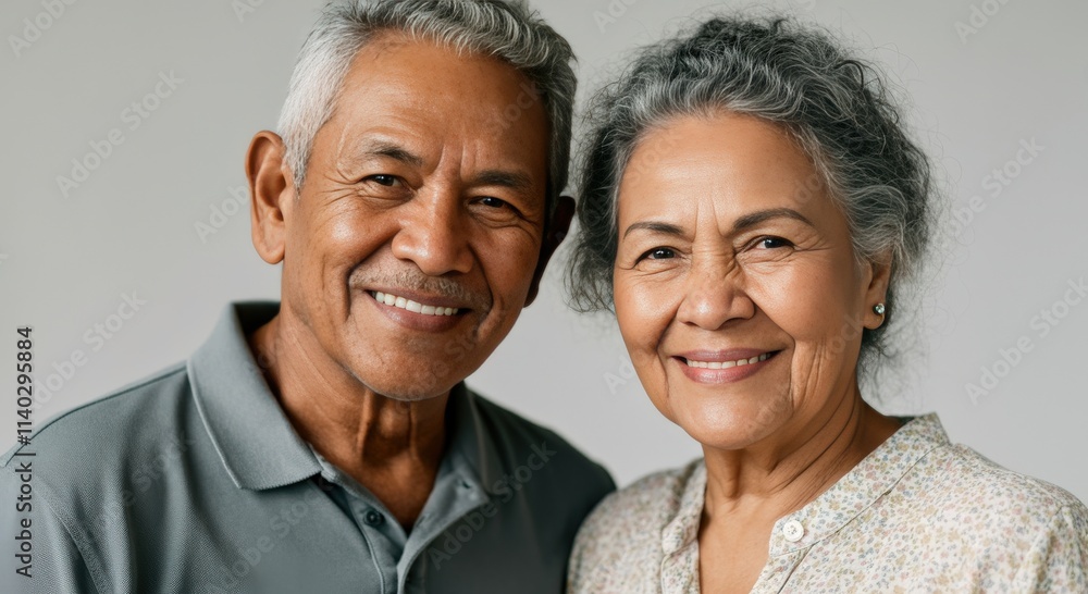 Joyful elderly asian couple smiling together in casual attire Joyful elderly asian couple smiling together in casual attire