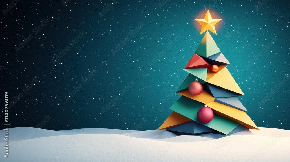 Modern Geometric Christmas Tree in Snowy Landscape Modern Geometric Christmas Tree in Snowy Landscape