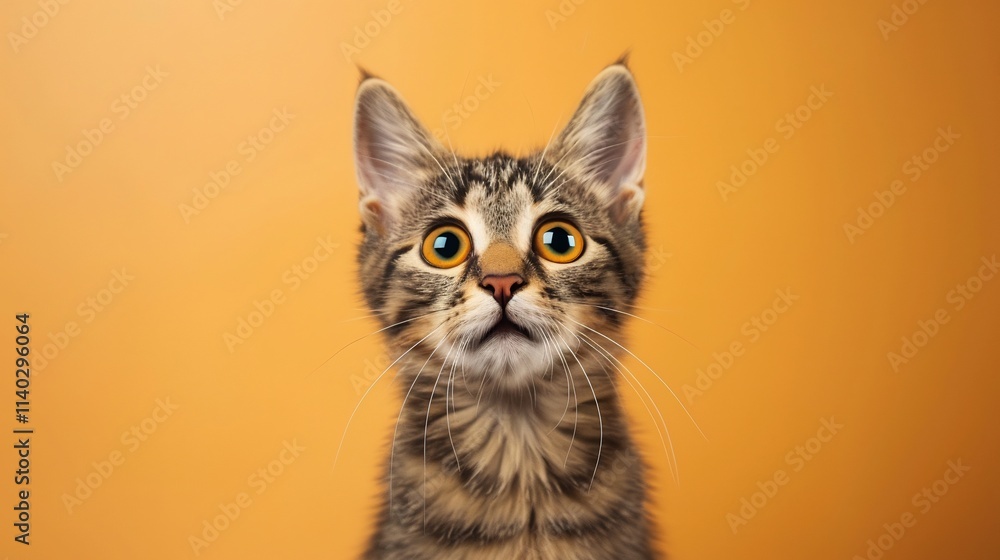Curious kitten with wide eyes stares upwards against a warm orange backdrop. Curious kitten with wide eyes stares upwards against a warm orange backdrop.
