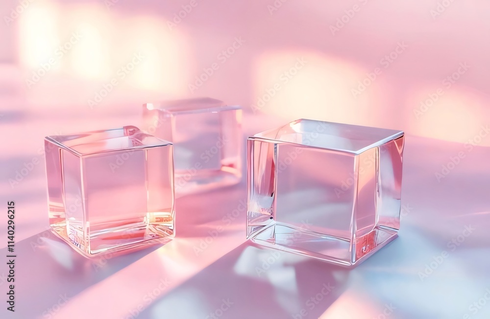 Three translucent glass cubes on pink surface with soft light. Three translucent glass cubes on pink surface with soft light.