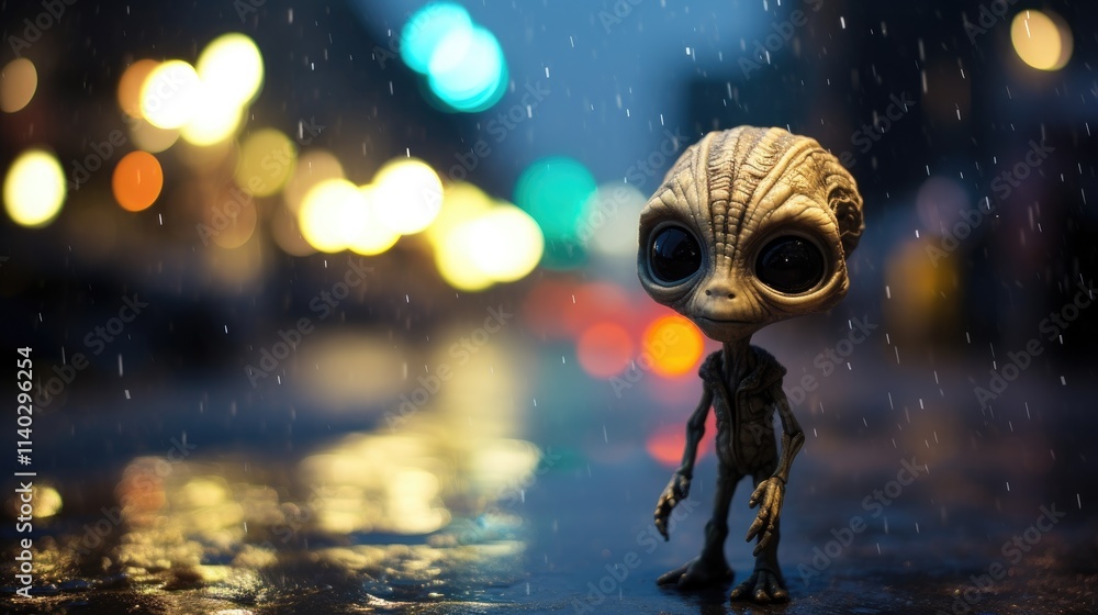 Naklejka premium Alien figure standing in the rain on a city street at night with blurred lights and reflections